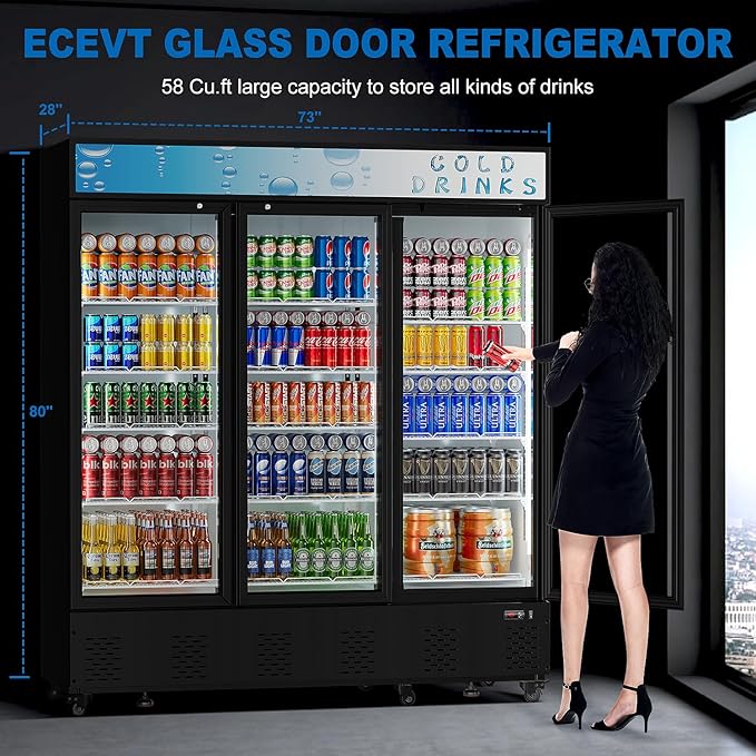 73" Commercial Beverage Refrigerators Glass Door Refrigerator,55 Cu.ft.Upright Display Cooler with Soft LED Light and Adjustable Shelves for Restaurant Grocery Stores Home