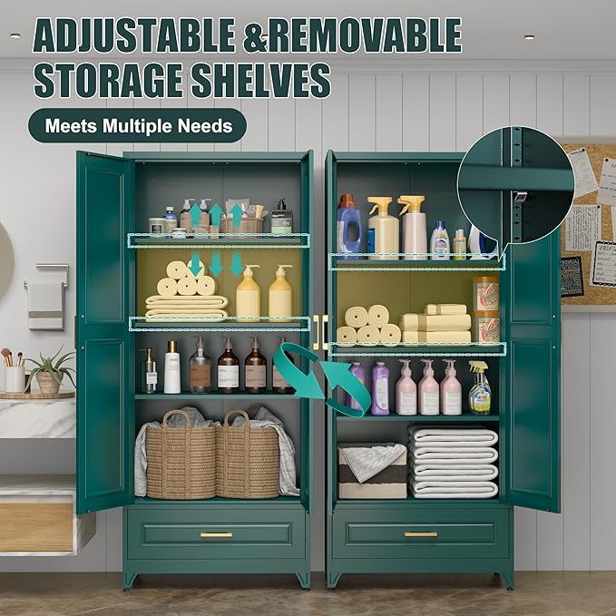 75" Tall Metal Storage Cabinet, Kitchen Pantry Storage Cabinets with Doors and 3 Shelves, Food Pantry Cabinet with Drawer, Utility Kitchen Cupboard, Large Steel Cabinets for Dining, Green