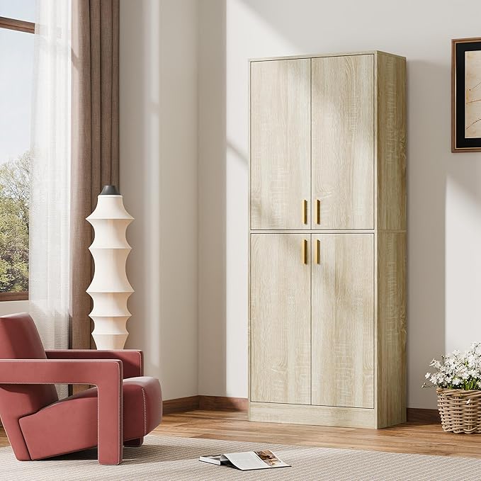 Cozy Castle Kitchen Pantry Cabinet, 71" Tall Wood Storage Cabinet with Doors and Shelves 4 Doors Freestanding Cupboard for Dining Room Living Room Bathroom Furniture, Whitewashed Oak