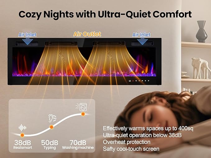 RealSmart Electric Fireplace Heater Inserts 60" Wall Mounted Electric Fireplace 750W/1500W in-Wall Recessed Heaters with Remote Control,Fit for 2 X 6 stub,12 Adjustable Color Flame & Brightness,Timer