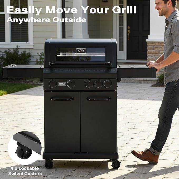 4-Burner Propane Gas Grill, 50,000 BTU Heavy Duty Outdoor BBQ Grill with Side Burner, Cast Iron Cooking Grates & Griddle for Backyard Barbecue