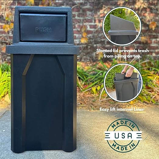 Campus Collection 32 Gallon Square 100% Recycled Plastic Heavy Duty Indoor or Outdoor Commercial Trash Can with Push Lid | Great for Schools and Businesses - Green