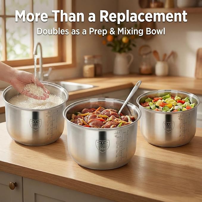 Rice Cooker Replacement Pot, Compatible with Tiger JBV-A18U and Aroma ARC-5000SB, 304 Stainless Steel Uncoated Inner Liner, Easy to Clean & Dishwasher Safe Insert