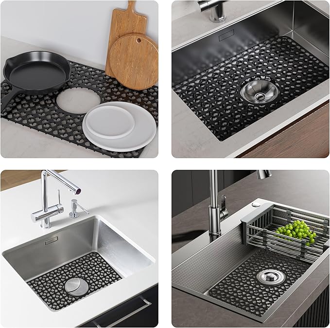 WAFT YEARN Sink Mats Sink Protectors Dish Racks Dishwasher Safe Grid Mats for Kitchen Sink Silicone Protect Sink from Stains Damage Scratches Non Slip Heat Resistant Rust Resistant 16"X12.5" Black