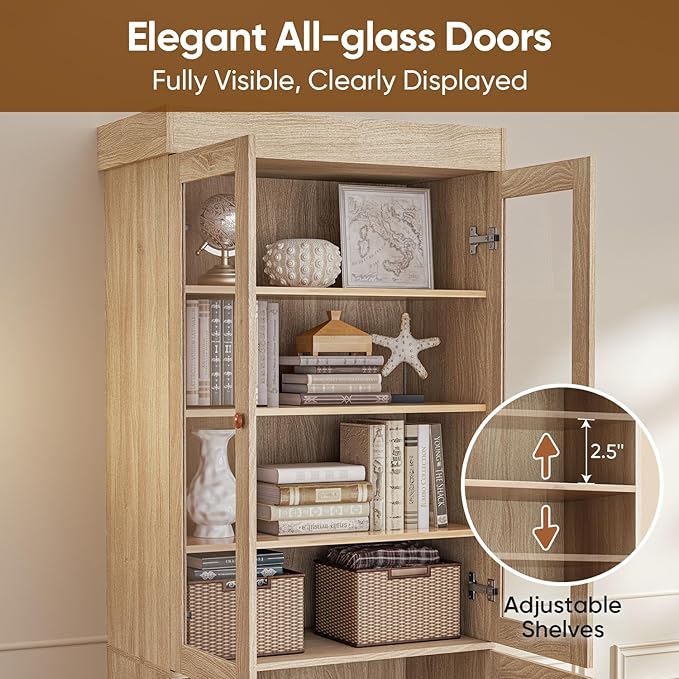 Vyre 71" Tall Farmhouse Kitchen Pantry, Large Storage Cabinets with Glass Doors, Freestanding Wood Hutch Cabinet with 3 Drawers & Adjustable Shelves for Living Room & Dining Room, Brown, Set of 3