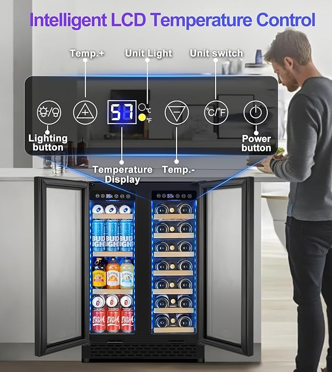 24'' Wine and Beverage Refrigerator, 4.5 Cu. Ft. Dual Zone Wine Fridge with RGB Lights French Door Intelligent Control Advanced Compressor Under Counter Cooler for Outdoor Kitchen Bar Gift Black