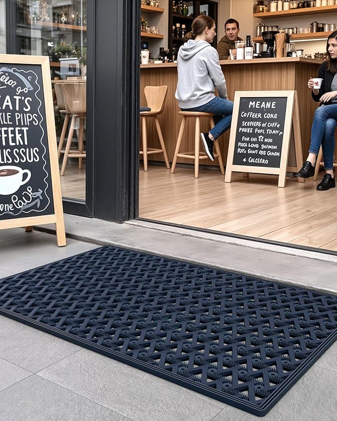 DEXI Front Door Mat Outside Entrance Rubber 19x30, Welcome Floor Doormat Heavy Duty Non Slip, Dirt Trapper Waterproof Exterior Entry Mats All Weather for Patio Entryway Drainage, Blue