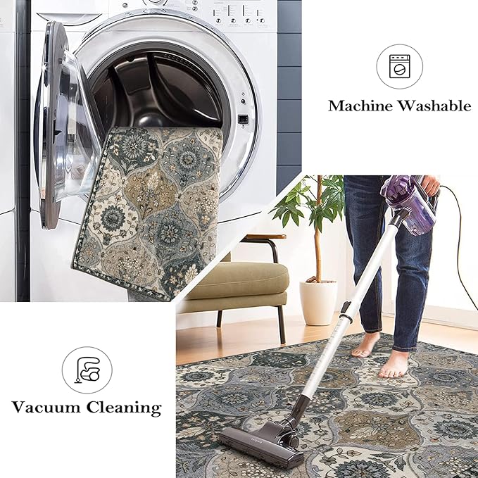 Lahome Moroccan Machine Washable Area Rugs, 4x6 Rug for Living Room Bedroom, Soft Non-Slip Rug Vintage Trellis Ultra-Thin Throw Carpet for Dining Room Office, Grey