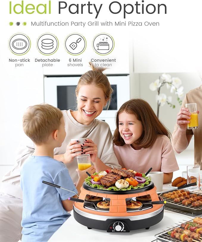 Multifunction Raclette Grill & Mini Pizza Oven, 1200W Electric Pizza Oven with Flat Griddle Top, Indoor Grill with 6 Mini Pizza Baking Slots, Temperature Control, Personal Pizza Maker, PM-01