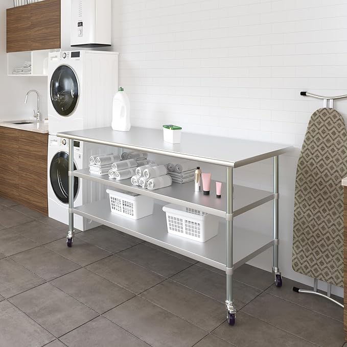 AmGood Stainless Steel Work Table with 2 Shelves and Casters | Metal Utility Table On Wheels (Stainless Steel Work Table with 2 Shelves + Casters, 72" Long x 30" Deep)