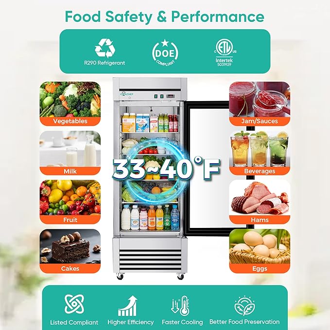 COOLCHEF 27" Commercial Glass Door Refrigerator, 23 Cu.Ft Single Door Reach-In Cooler, 33-40℉, Low-E Tempered Double Glass, 4 Shelves, R290