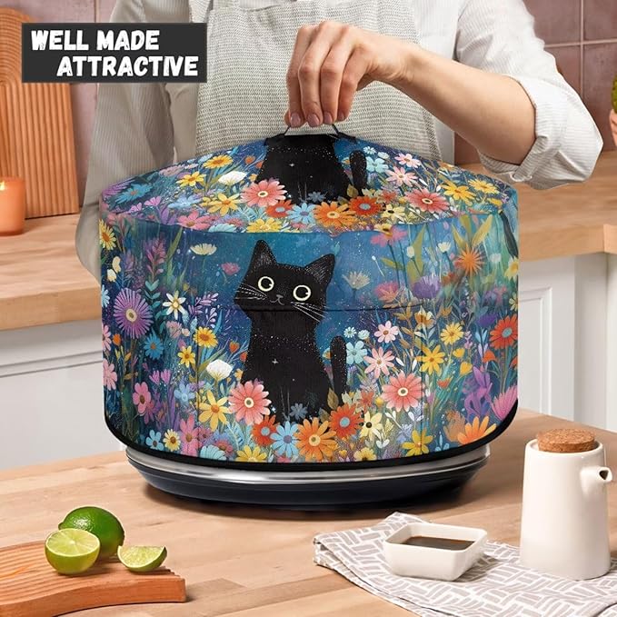 Cute Cat Daisy Floral Print Slow Cooker Dust Cover Protective with Pocket Keep Appliance Clean Fit Most 6-8 Quart Crock Pot Kitchen Appliance Organizer Kitchen Accessories