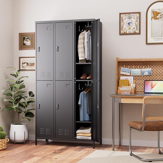 METAN Metal Locker for School Office Gym Bedroom,with Password Lock,6 Doors Steel Storage Lockers Cabinet for Employees,Industrial Storage with 1 Shelf,Assembly Required,Black