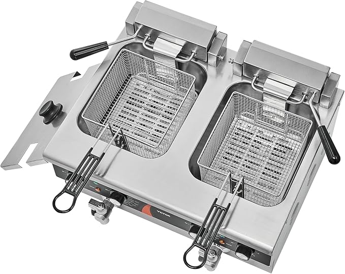 VEVOR Commercial Deep Fryer, 2 x 9Qt / 8.5L Double Oil Fryer with 2 Baskets, 1mm Thickened Stainless Steel, Dual Tank 3500W Electric Countertop Fryer， Time & Temp Control, for Kitchen Restaurant Use