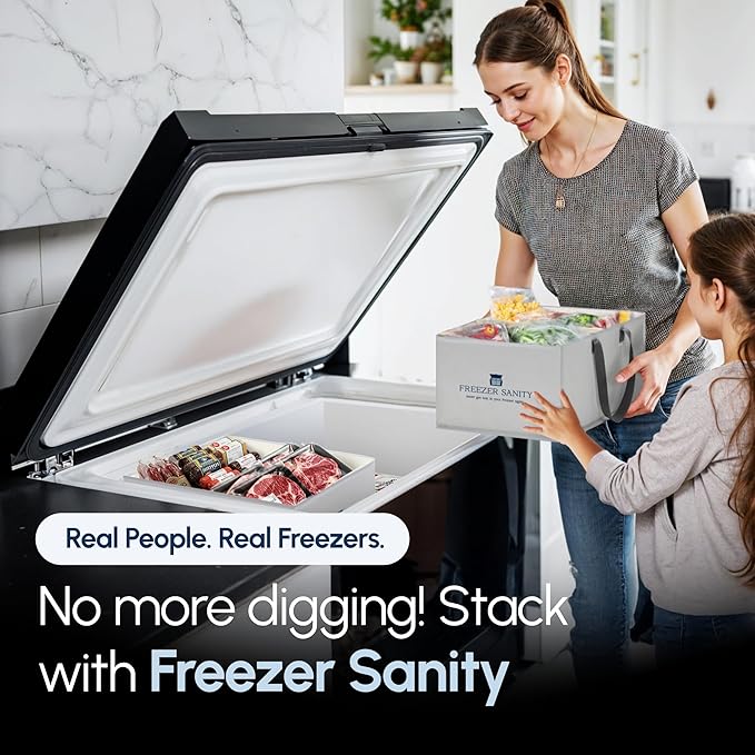 The Original Chest Freezer Organizer Bins, Stackable Storage Organizers, Deep Freezer Dividers, Handles, Heavy-Duty, Water-Proof (4 Pack Regular 15x14x9)