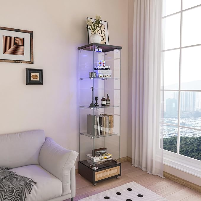 Yoluckea 4 Tiers Glass Display Cabinet with LED Lighting and Drawer, 1 Door Floor Standing Curio Cabinet with Wheel for Home, Office, Corner Display, Black Glass Bookshelf for Collections and Decor