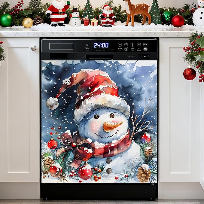 Christmas Snowman Dishwasher Magnet Cover, 23" W x 26" H Fridge Magnetic Stickers Reuseable Magnet Panel Decal Cover for Washing Machine Fridge Microwave Cabinet Kitchen Christmas Decoration