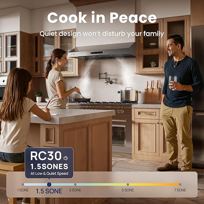 30 inch Range Hood Stainless Steel(PVD), Black Stove Hood with 1200 CFM with 1.5 Sones Quiet,3 Speed Exhaust Fan Hood Vents for Kitchen,Under Cabinet Range Hood with GU10 LED Lights