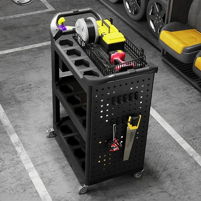 HOMCOM 3 Tier Utility Cart on Wheels, Rolling Tool Storage with Pegboards and Bucket, 200 LBS Load Capacity Plastic Service Cart for Garage, Warehouse, Workshop, Black