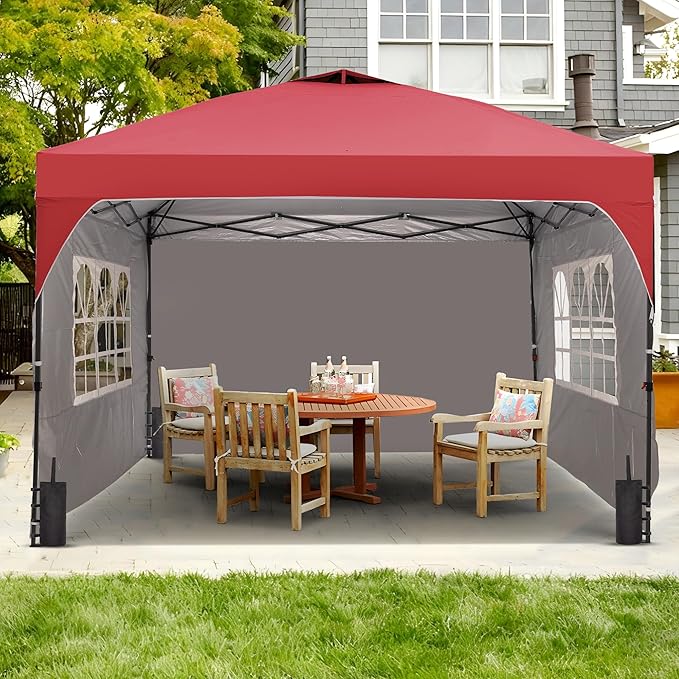 Saemoza 12x12 Pop Up Canopy Tent with One Push Setup, Outdoor Sun Shade Canopy with Vent Top for Backyard Party, Easy Up Instant Shelter with 4-Sandbags & Wheel Bag, Red.