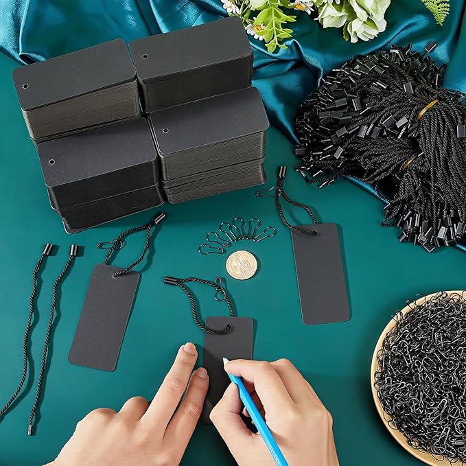 1000 Set Black Price Tags with String, 3.54x1.57Inch Clothing Tags with Safety Pins Writable Label Hang Tag Blank Marking Tag for Clothes Crafts Display Arts Gift Wrapping