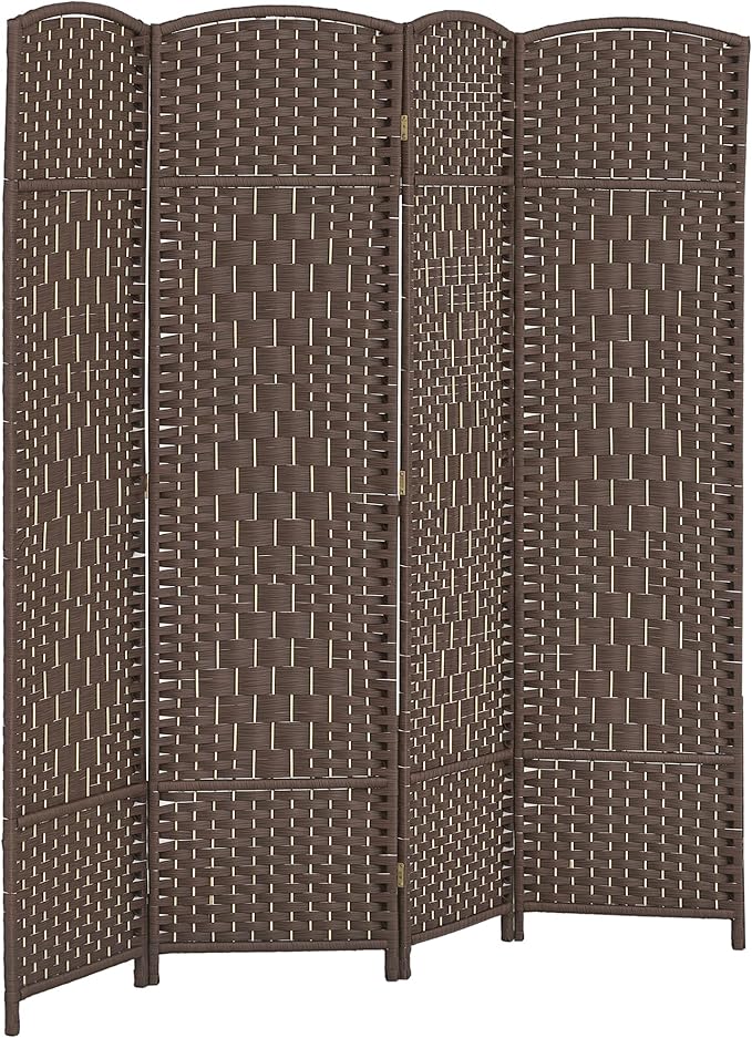 HOMCOM 4 Panel Room Divider, 6' Tall Folding Privacy Screen, Woven Freestanding Wall Partition for Home Office, Bedroom, Brown
