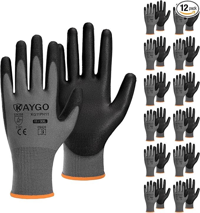 KAYGO Safety Work Gloves PU Coated-12 Pairs, KG11PB, Seamless Knit Glove with Polyurethane Coated Smooth Grip on Palm & Fingers, for Men and Women (2X-Large, Grey)