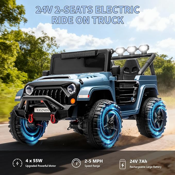 2 Seater Ride on Car Toy for Kids, 24V 4x4 Ride-on Truck, w/Parent Control, Soft Start, 3 Speed, 4-Wheeler Suspension, Bluetooth, LED Lights, Electric Car for Kids Toddler Ages 3-8, Blue