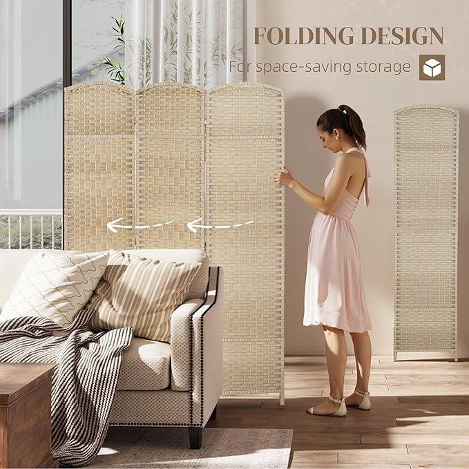 HOMCOM 3 Panel Room Divider, 6' Tall Folding Privacy Screen, Woven Freestanding Wall Partition for Home Office, Bedroom, Washed Oak