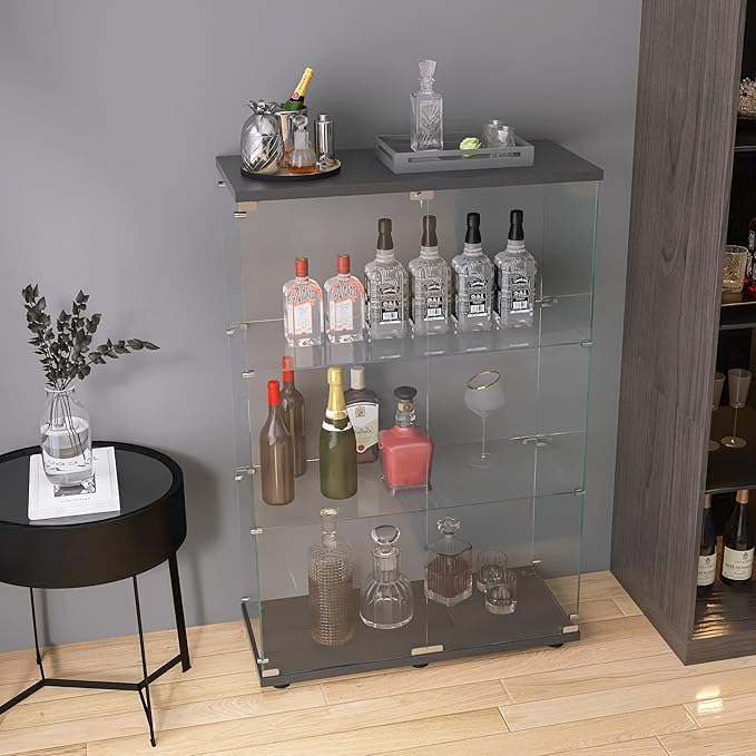 Yoluckea 3 Shelves Glass Display Cabinet with 2 Doors, Floor Standing Clear Glass Curio Cabinet Collection Display Case for Living Room Bedroom 49.49” x 31.77”x 14.37” Black