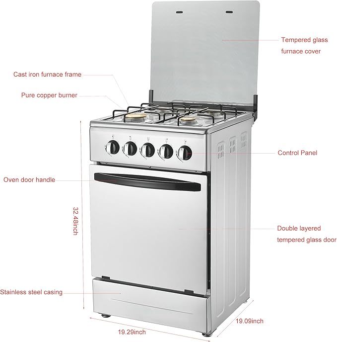 20" Free Standing Gas Stove Oven Range,4 Burner LPG Cooktop with 65L Oven, 201 Stainless Steel Body, Double Layer Mirror Surface Tempered Glass Door, Compact Design for Kitchen (LPG)