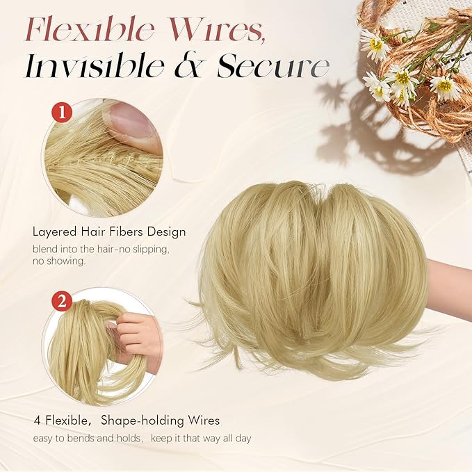 SOFEIYAN Claw Clip Hair Buns Hair Piece DIY Bendable Wires Short Ponytail Extension Fluffy Fake Hair Piece Straight Synthetic Hair Ponytail Extensions for Wonen - Golden Blonde with Highlights