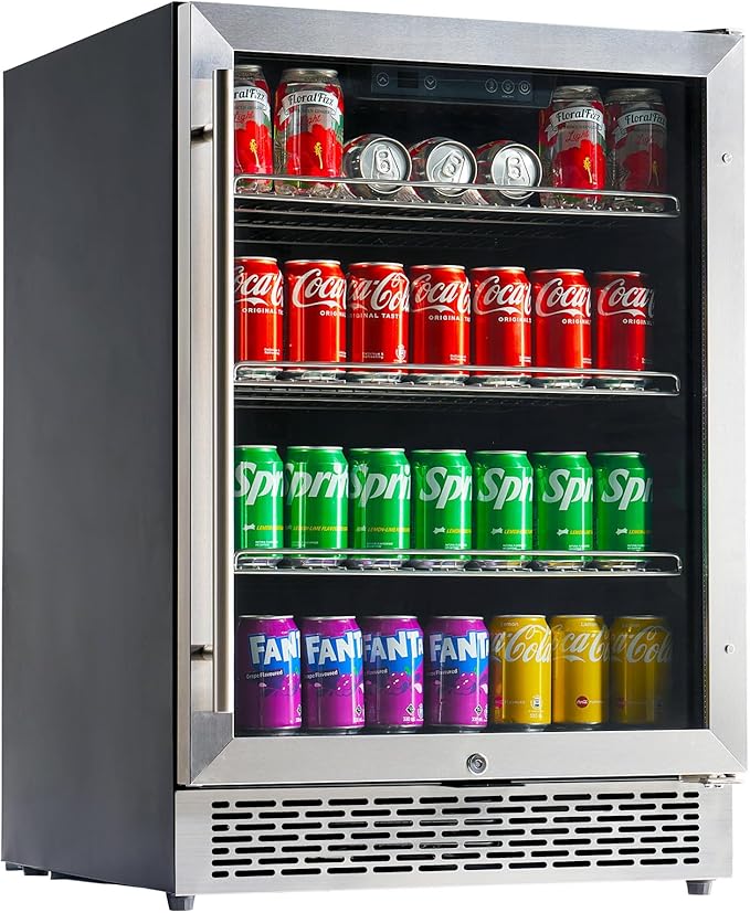 Jocisland 24 Inch Beverage Refrigerator, Built-In or Freestanding Fridge with Glass Door, LED Touch Control, Adjustable Shelves, Holds 207 Cans, Under Counter Beer & Wine Cooler, 34–64℉