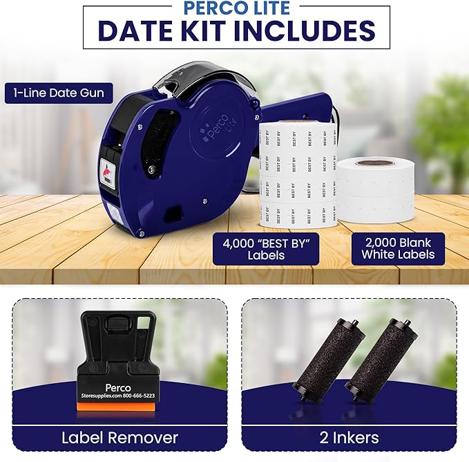Perco Lite 1 Line Date Gun Kit - Includes 2 White Rolls, 4 Rolls of Best by Labels, 2 Ink Rollers - 1 Ink roll and Labels Pre-Loaded