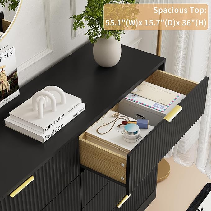 8 Drawer Dresser for Bedroom, Modern Fluted Double Dresser, 55" Wide Chest of Dressers, Wooden Beside Table for Closet, Living Room and Entryway, Black