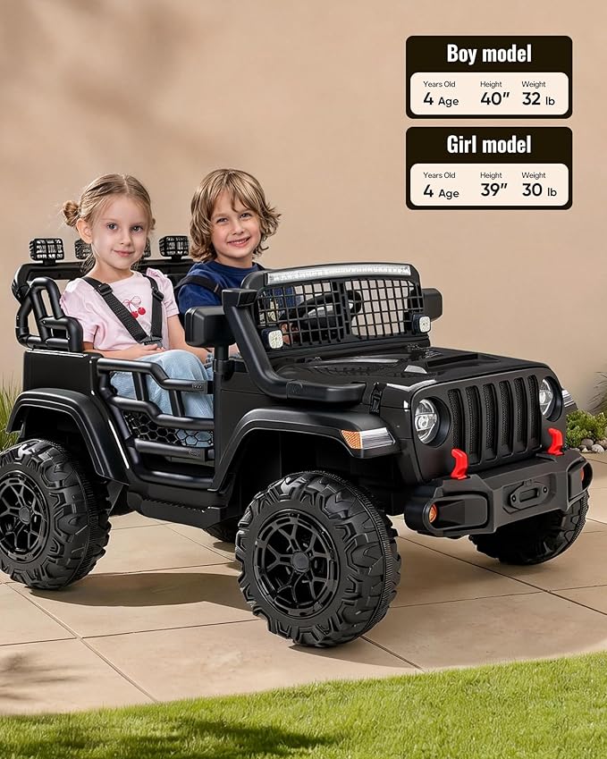 2 Seater Ride on Car Toy, 12V Electric Car for Kids 4-8 with Remote Control, Capacity 110 lb, LED Light - Black
