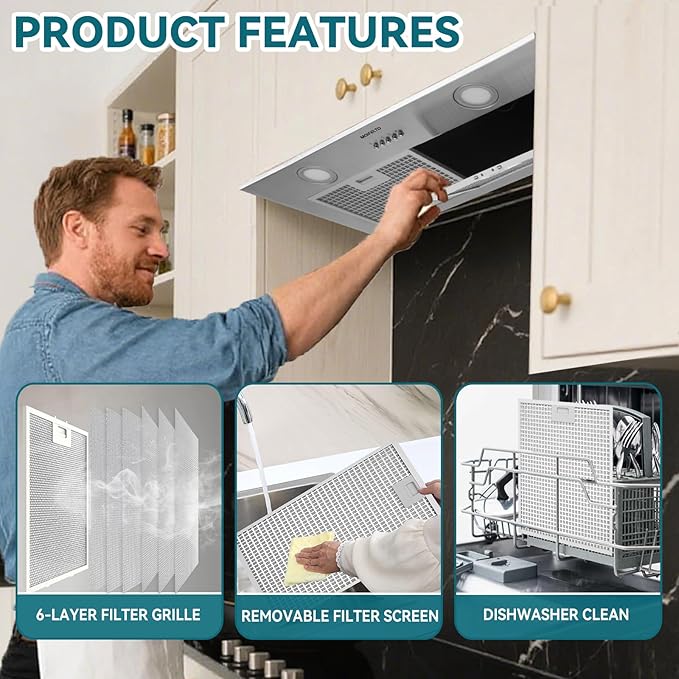 700CFM Built-In/Insert Range Hood 30 Inch - Convertible Ducted/Ductless Kitchen Vent with 3-Speed, 2×3W LED Lights & 6-Layer Grease Filters