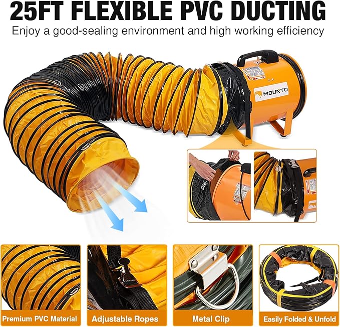MOUNTO 12-Inch Heavy Duty Cylinder Axial Fan with 25-Foot Vinyl Hose | High-Performance Portable Blower/Exhaust Fan | 2900 CFM Directional Airflow for Crawl Spaces, Attics, Basements