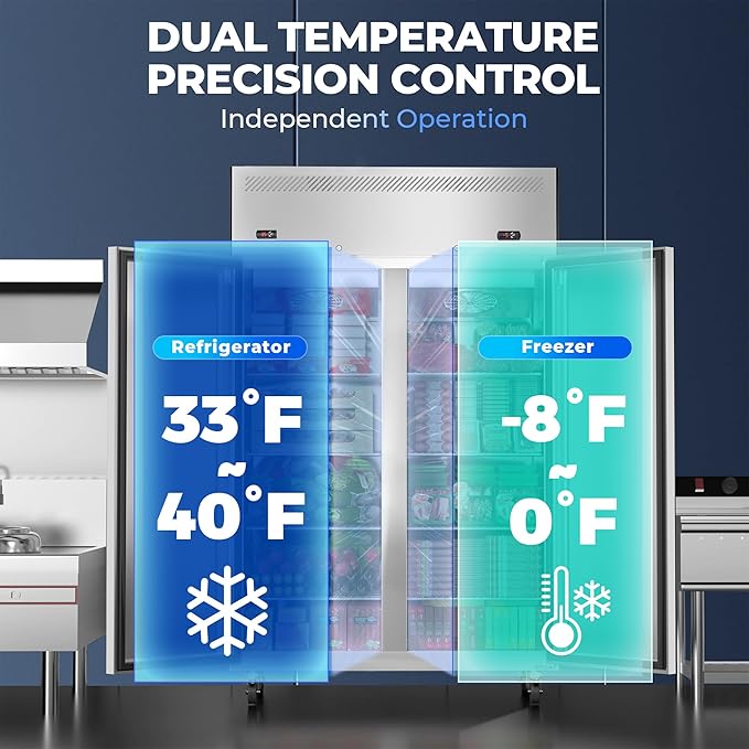 Commercial Refrigerator and Freezer Combo, 48" W 2 Door Dual Temperature Zones Freezers, 39 Cu.ft Commercial Refrigerators with 8 Adjustable Shelves for Restaurant Shop Bar