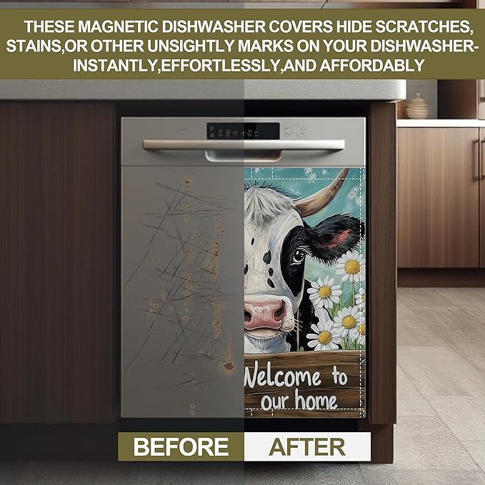 Dishwasher Magnet Cover,Black White Cow Dishwasher Cover Magnetic Daisies Home Appliances Refrigerator Decorative 23" x 26"