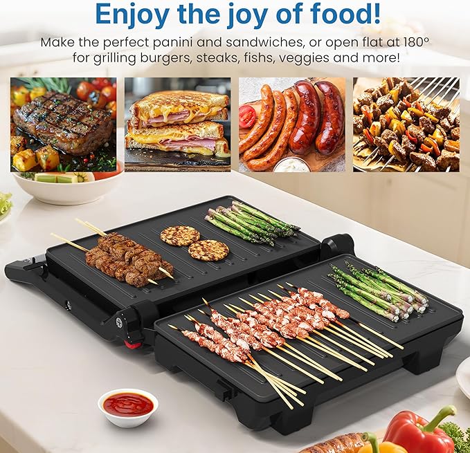 Panini Press Grill Indoor: Sandwich Maker with Nonstick Plates, Easy to Clean, 1000W Portable Panini Maker with Locking Lid, 3-in-1 Electric Grill Opens 180° for Cooking More