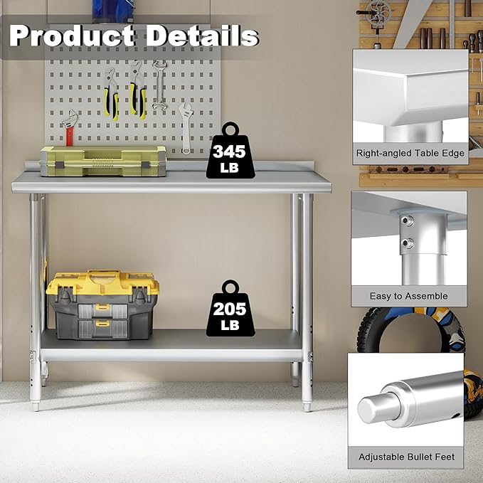 HARDURA All Stainless Steel Table 24X48 Inches Metal Commercial Kitchen Prep Table with Adjustable Undershelf and Backsplash NSF for Prep