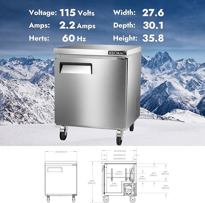 HECMAC 27" Commercial Freezer, 7.2 Cu.ft Worktop Undercounter Fridge with Single Solid Door, -8~0℉, 18-8 Stainless Steel Interior, ETL&NSF/ANSI 7 for Restaurant, Bar, Shop, Kitchen Use