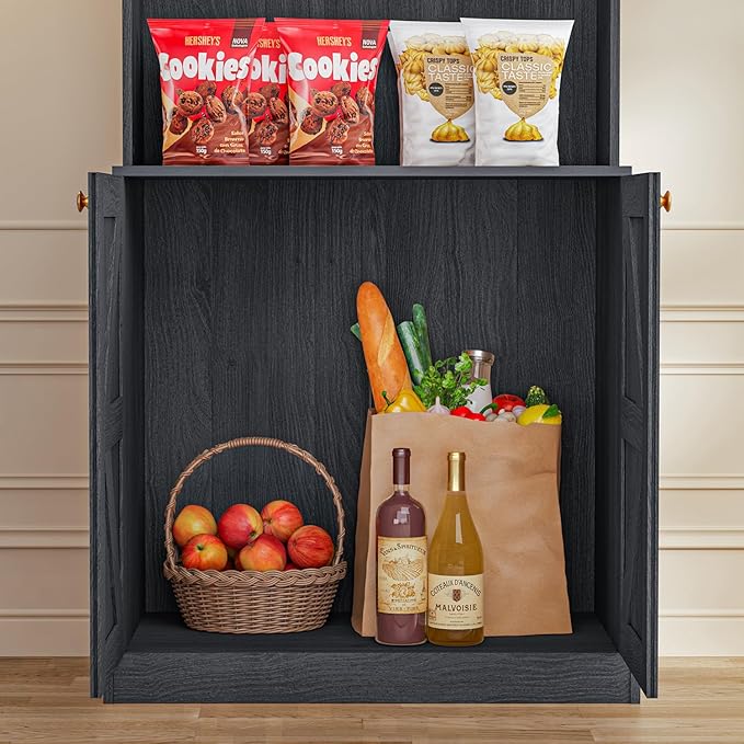 71" Tall Farmhouse Kitchen Pantry, Black Large Storage Cabinet with Glass Doors, Freestanding Coffee Bar Hutch with Microwave Stand, Adjustable Shelves for Kitchen or Living Room, Set of 4