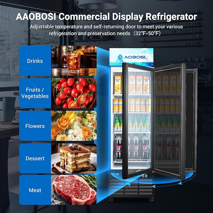AAOBOSI Commercial Merchandiser Refrigerator,12.29 Cu.Ft Glass Door Display Refrigerator,Upright Beverage Fridge with Soft LED Light,Customizable Lightbox,Universal Casters, Adjustable Shelves