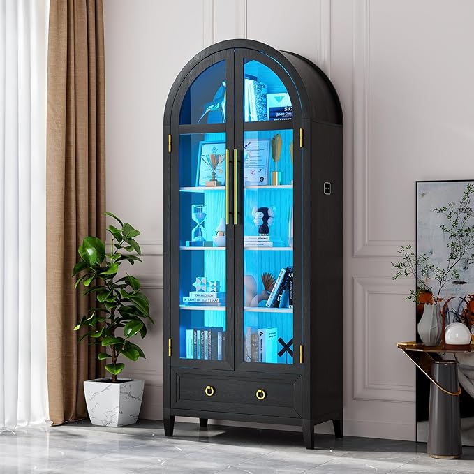 Lvifur 73" Tall Arched Display Cabinet with Glass Doors,4-Tier Curio Cabinets with 3 Color Lights for Collectibles,LED Storage Cabinet with Human Body Sensor,Ajustable Shelf for Toys, Books,Black
