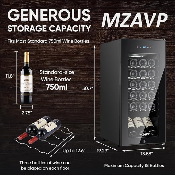 Mini Wine Fridge-Black, 18 Bottles Low Noise Compressor Wine Cooler, Freestanding Wine Cellar with Glass Door and Digital Temperature Control, 14 Inch Wine Refrigerator for Bar, Home & Office