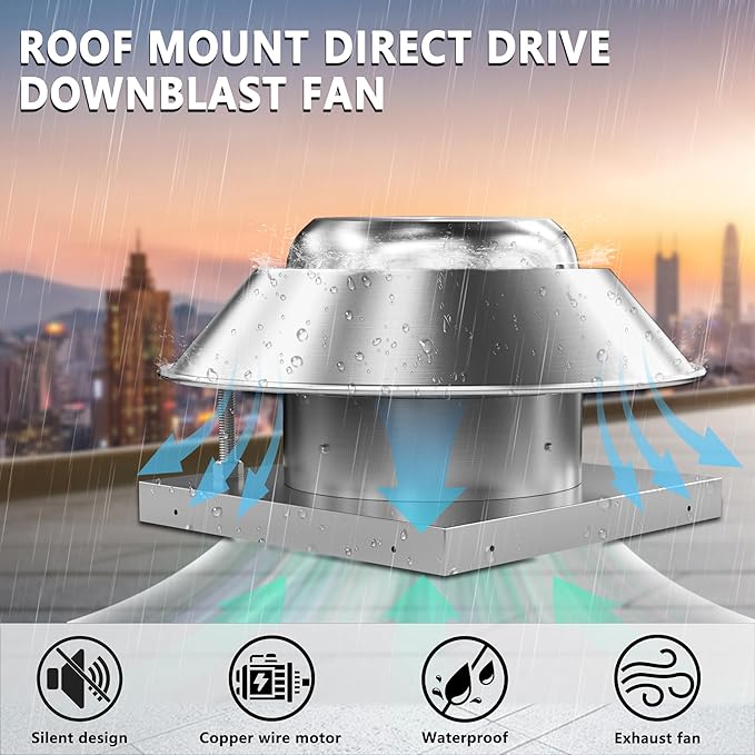 Roof Exhaust Fan Direct Drive Axial Downblast Exhaust Fan -26" Fan Base, 1/3 HP 115 Volt Single Phase Motor 2400 CFM