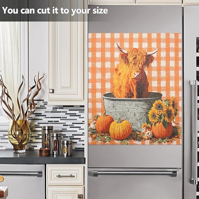 Fall Cow Orange Plaid Dishwasher Magnet Cover for Front Panel Magnetic Dishwasher Cover Decorative Refrigerator Magnet Covers Dishwashers Magnetic Sticker for Home Kitchen Decor, 23" x 26"