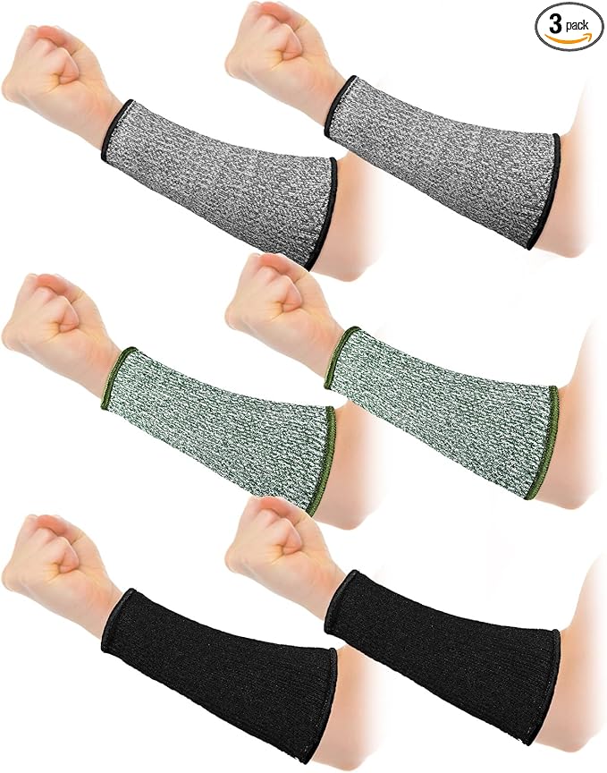 Sintege 3 Pairs Arm Protectors for Thin Skin and Bruising Cut Resistant Forearm Sleeve Level 5 Arm Burn Protection Sleeve (Black, Grey, Green,7.9 Inch)